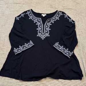 J.Jill Navy Embroidered Tunic Top | M Petite | Boho 3/4 Sleeve